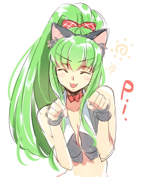 :3 :d ^_^ ^o^ alternate_hairstyle animal_ears bare_shoulders blush bow breasts c.c. cat_ears cleavage closed_eyes code_geass collarbone creayus eyebrows eyebrows_visible_through_hair fake_animal_ears fang fingerless_gloves gloves green_hair grey_gloves grey_vest hair_bow hairband long_hair midriff open_mouth paw_pose plaid plaid_bow ponytail pose red_bow sidelocks simple_background sketch sleeveless smile stomach sun teeth upper_body very_long_hair vest whiskers white_background