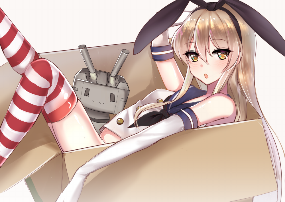 1girl blonde_hair box brown_eyes cardboard_box elbow_gloves gloves hairband in_box in_container kantai_collection long_hair looking_at_viewer meaomao open_mouth rensouhou-chan revision shimakaze_(kantai_collection) thigh-highs