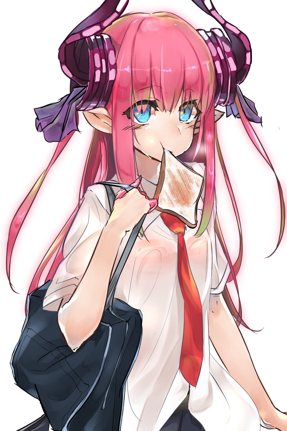 1girl alternate_costume asymmetrical_horns bag bangs blue_eyes bra claws contemporary dress_shirt fate/extra fate/extra_ccc fate_(series) food_in_mouth hair_ribbon highres horns lancer_(fate/extra_ccc) long_hair macaroni_tamago mouth_hold necktie pink_hair pointy_ears ribbon school_uniform see-through shirt short_sleeves shoulder_bag skirt solo toast toast_in_mouth two_side_up underwear wing_collar