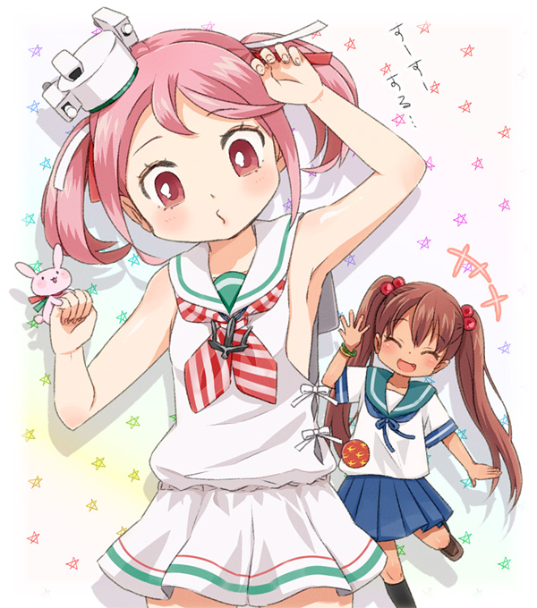 +++ 2girls :d brown_hair closed_eyes cosplay costume_switch dress hair_bobbles hair_ornament kantai_collection libeccio_(kantai_collection) libeccio_(kantai_collection)_(cosplay) long_hair multiple_girls open_mouth pink_eyes pink_hair sailor_dress sazanami_(kantai_collection) sazanami_(kantai_collection)_(cosplay) school_uniform serafuku short_hair skirt smile tachiki_(naruki) twintails