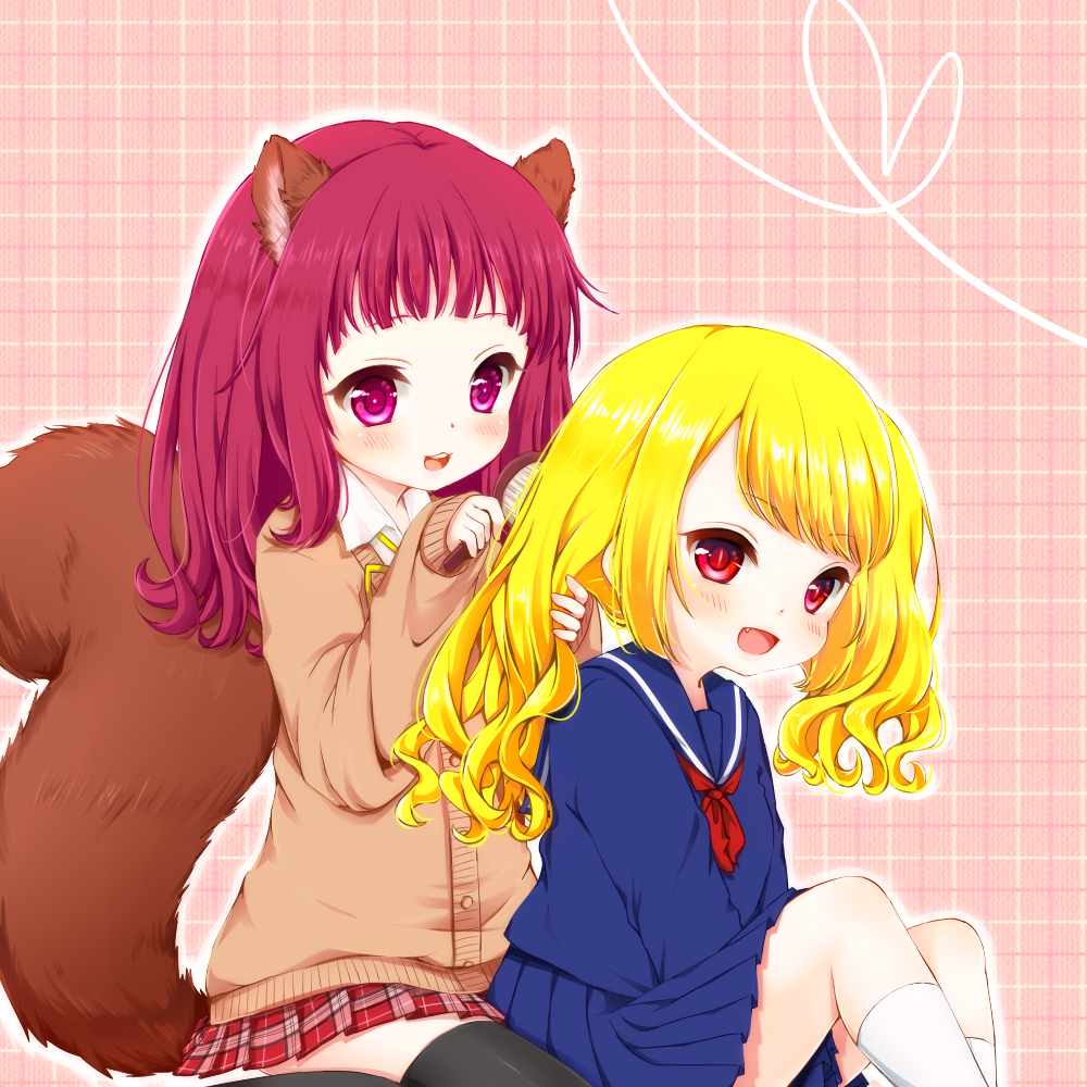 2girls animal_ears black_legwear blonde_hair blush cardigan fang hair_brush hair_brushing kneehighs long_hair long_tail multiple_girls nukochan one_side_up open_mouth original purple_hair red_eyes school_uniform serafuku shirt side_ponytail sitting skirt smile squirrel_ears tail thigh-highs violet_eyes white_legwear