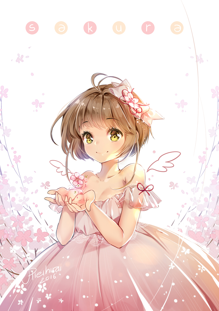 1girl antenna_hair artist_name bangs bare_shoulders blunt_bangs blush bow breasts brown_hair cardcaptor_sakura character_name cleavage closed_mouth collarbone cowboy_shot detached_wings dress eyebrows eyebrows_visible_through_hair flower hair_bow hair_flower hair_ornament hieihirai kinomoto_sakura looking_at_viewer off-shoulder_dress off_shoulder own_hands_together pink_dress pink_flower puffy_dress short_hair simple_background smile solo tareme white_background white_bow white_wings wings yellow_eyes