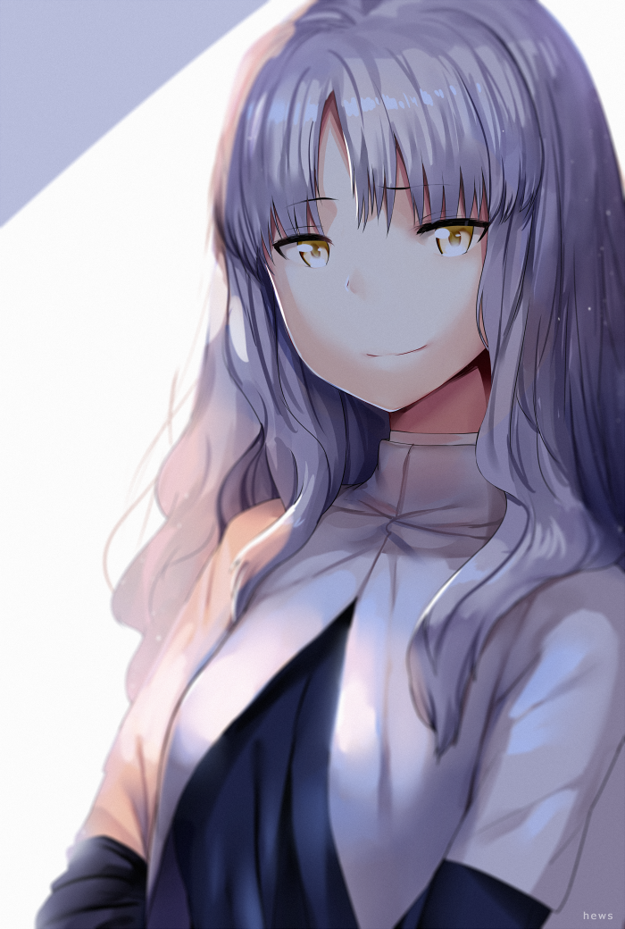 1girl artist_name brown_eyes caren_hortensia closed_mouth dress eyebrows eyebrows_visible_through_hair fate/stay_night fate_(series) hews_hack layered_sleeves long_hair long_sleeves pale_skin silver_hair smile solo sunlight sweater tsurime upper_body very_long_hair wavy_hair white_dress