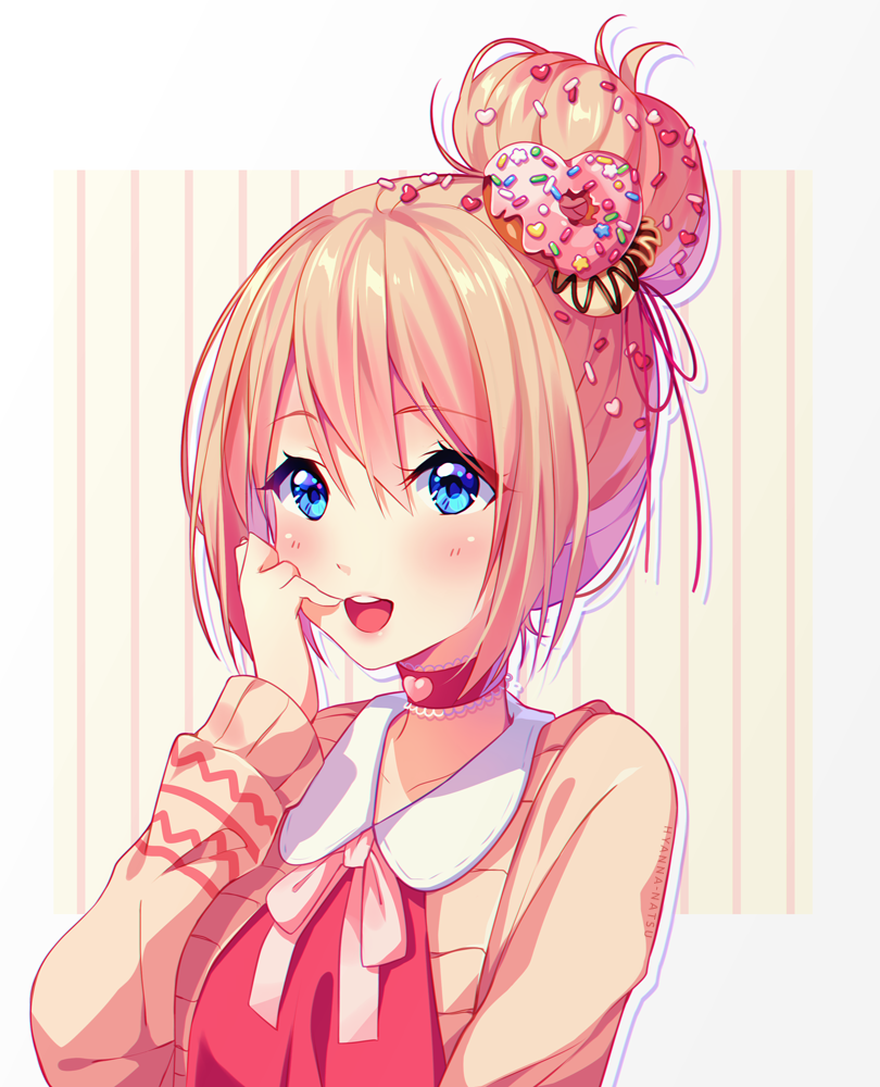 1girl :d blonde_hair blue_eyes blush borrowed_character borrowed_design bow bowtie brown_jacket choker collar collarbone doughnut food food_themed_hair_ornament frilled_choker frills hair_bun hair_ornament hair_ribbon hand_on_own_cheek hand_on_own_face hand_up heart heart_cutout hyanna-natsu icing jacket long_sleeves looking_at_viewer open_clothes open_jacket open_mouth original pink_bow pink_bowtie red_ribbon red_shirt ribbon round_teeth shirt short_hair simple_background smile solo sprinkles striped sweets teeth vertical-striped_background vertical_stripes white_border yellow_background
