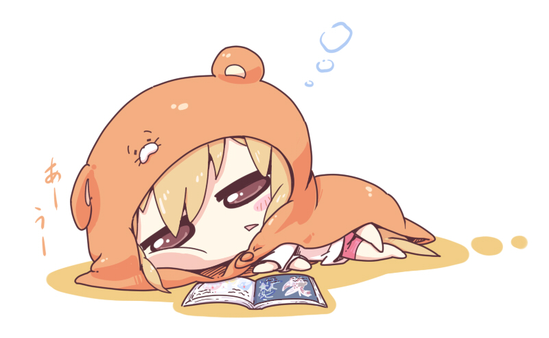 1girl blonde_hair blush_stickers book brown_eyes chibi dialga doma_umaru full_body hamster_hood himouto!_umaru-chan long_hair lying nettsu-_(sinker-ball) on_side open_book palkia pokemon pokemon_(game) pokemon_dppt shirt shorts solo triangle_mouth white_background white_shirt