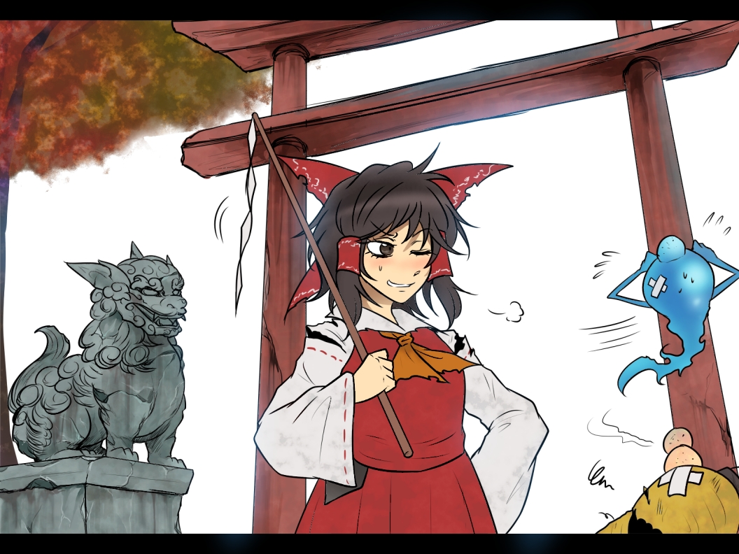 1girl adapted_costume ascot autumn bandage bow brown_eyes brown_hair crack day flying_sweatdrops gohei hair_bow hair_tubes hakurei_reimu hand_on_hip head_bump hitodama komainu letterboxed motion_lines one_eye_closed red_shirt red_skirt ribbon-trimmed_sleeves ribbon_trim ryuuichi_(f_dragon) shirt short_hair skirt smirk solo sweatdrop torii torn_clothes torn_sleeves touhou white_background