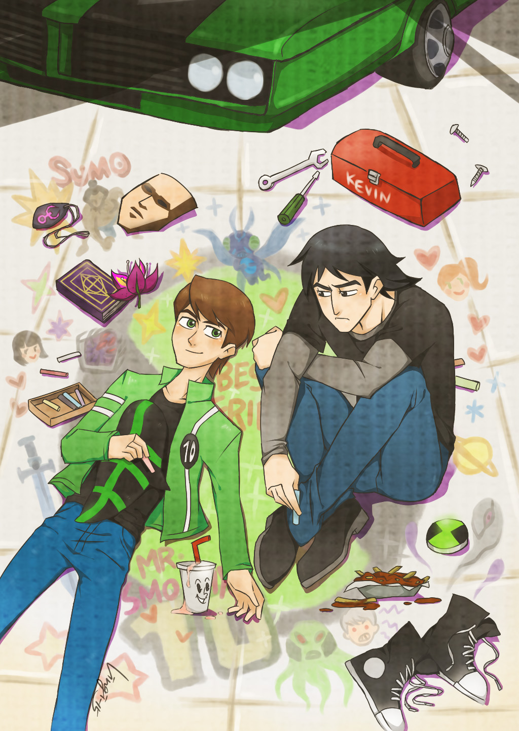 2boys albedo_(ben_10) ben_10 ben_10:_alien_force benjamin_kirby_tennyson big_chill black_eyes black_hair bob_cut book brown_hair car chalk chili chili_fries food french_fries green_eyes green_jacket grimoire gwendolyn_tennyson heart highres jacket julie_yamamoto kevin_ethan_levin lingi-15 looking_at_another male_focus mask motor_vehicle multiple_boys omnitrix screwdriver short_hair sitting smile smoothie sumo vehicle vilgax wrench
