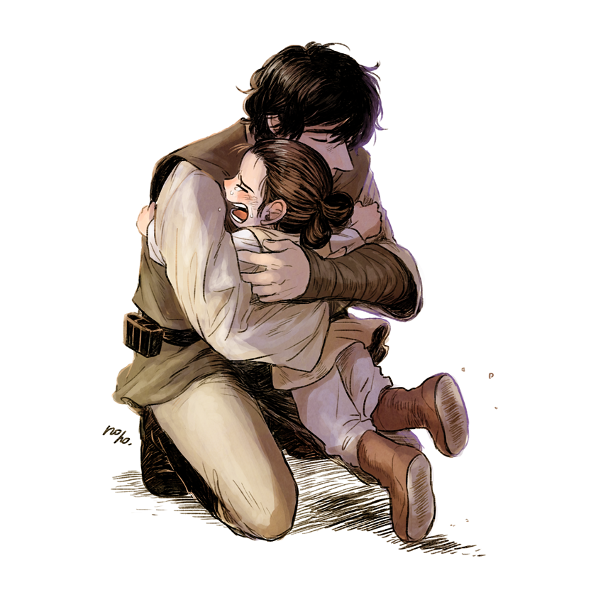 1boy 1girl age_difference bad_end ben_solo black_hair blush boots brown_hair crying hug jedi matsuri6373 rey_(star_wars) science_fiction signature spoilers star_wars star_wars:_the_force_awakens tears younger
