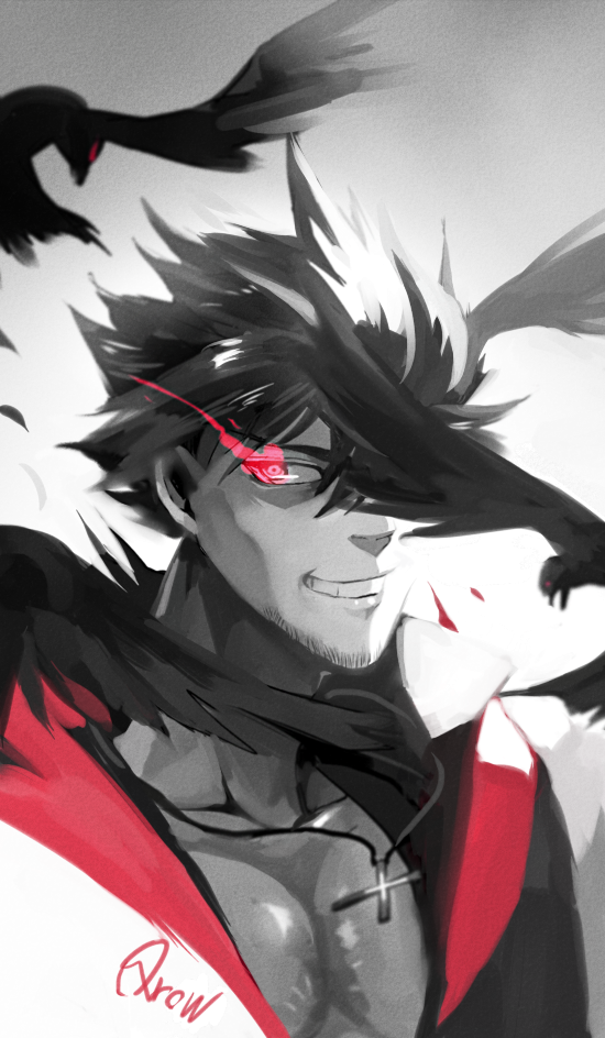 1boy bird black_hair character_name cross cross_necklace crow glowing glowing_eye grin kuma_(bloodycolor) looking_at_viewer qrow_branwen red_eyes rwby smile solo