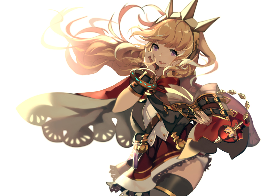 1girl belt black_legwear blonde_hair book bright_background cagliostro_(granblue_fantasy) cape granblue_fantasy hairband hand_on_own_face holding holding_book long_hair looking_at_viewer open_book open_mouth red_skirt simple_background skirt solo teeth thigh-highs tiara vial violet_eyes white_background xianguang