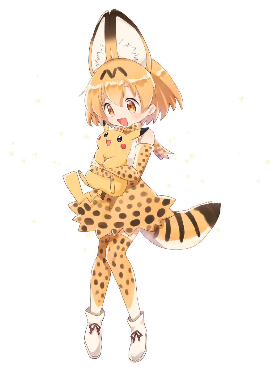 :3 :d animal_ears animal_print ankle_boots bare_shoulders black_ribbon blush blush_stickers boots bow bowtie crossover dot_nose elbow_gloves extra_ears eye_contact eyebrows_visible_through_hair eyelashes full_body gloves hair_between_eyes high-waist_skirt highres holding hug hug_from_behind kemono_friends light_brown_eyes looking_at_another looking_down looking_up open_mouth orange_hair pikachu pokemon pokemon_(creature) print_bow print_bowtie print_gloves print_legwear print_skirt ribbon serval_(kemono_friends) serval_ears serval_print serval_tail shiny shiny_hair shirt shoe_ribbon short_hair simple_background skirt sleeveless sleeveless_shirt smile sparkle striped_tail tail tareme thigh-highs white_background white_boots white_footwear white_shirt yukimipark zettai_ryouiki