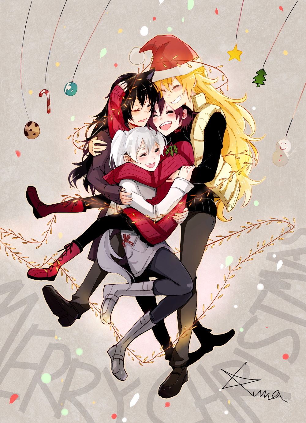 4girls artist_name black_hair blake_belladonna blonde_hair blush boots candy candy_cane closed_eyes confetti cookie food grin hat highres hug kuma_(bloodycolor) merry_christmas multiple_girls open_mouth redhead ruby_rose rwby santa_hat smile star sweater weiss_schnee white_hair yang_xiao_long