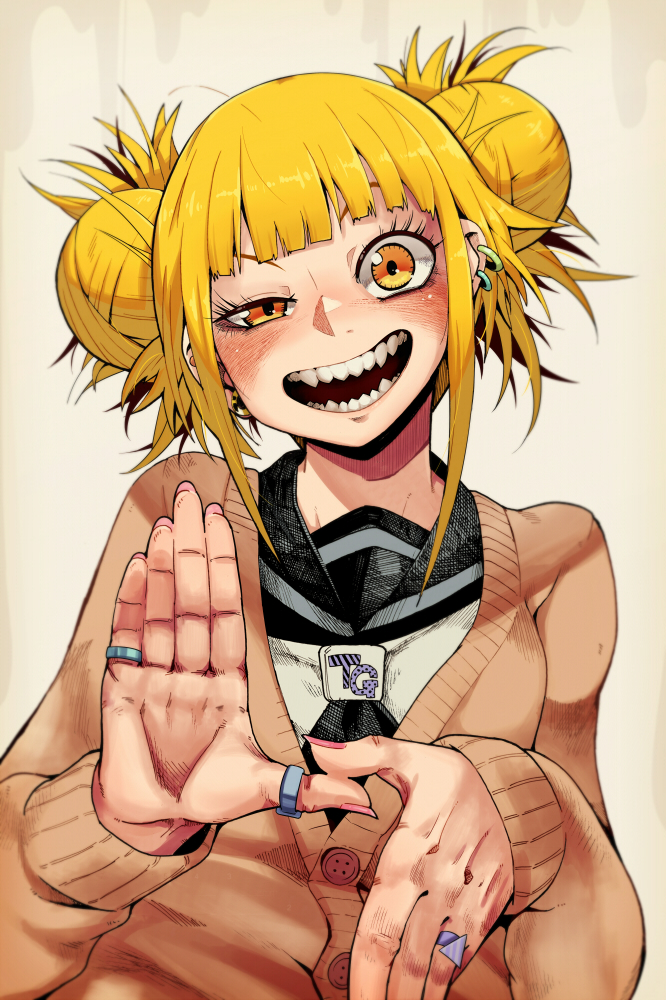 1girl bangs blonde_hair boku_no_hero_academia cardigan double_bun earrings fangs fingernails hand_gesture hands jewelry koutamii looking_at_viewer messy_hair nail_polish open_mouth pink_nails ring school_uniform serafuku sharp_teeth short_hair smile solo teeth toga_himiko upper_body yellow_eyes