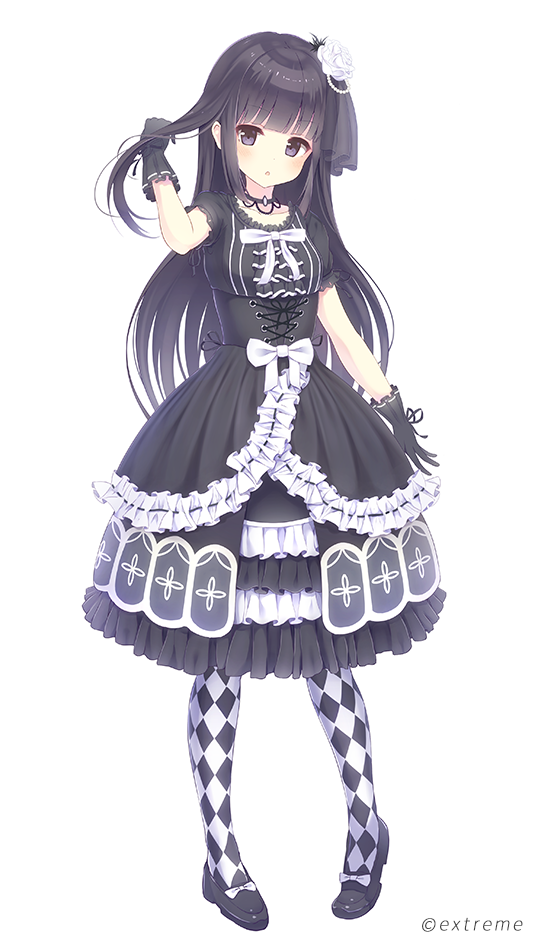 1girl alc_(ex2_lv) bangs black_gloves black_hair black_shoes blunt_bangs bow checkered checkered_legwear choker commentary_request cross-laced_clothes dress flower frills full_body gloves gothic_lolita hair_flip hair_flower hair_ornament hime_cut layered_dress lolita_fashion long_hair looking_at_viewer momoiro_taisen_pairon official_art open_mouth original pantyhose rose shoes simple_background solo standing veil violet_eyes watermark white_background white_rose