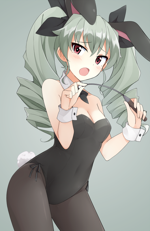 1girl anchovy animal_ears black_legwear blush bunny_girl bunny_tail bunnysuit detached_collar drill_hair fake_animal_ears girls_und_panzer green_hair hair_ribbon long_hair looking_at_viewer mobu open_mouth pantyhose rabbit_ears red_eyes ribbon riding_crop simple_background small_breasts solo tail twin_drills twintails
