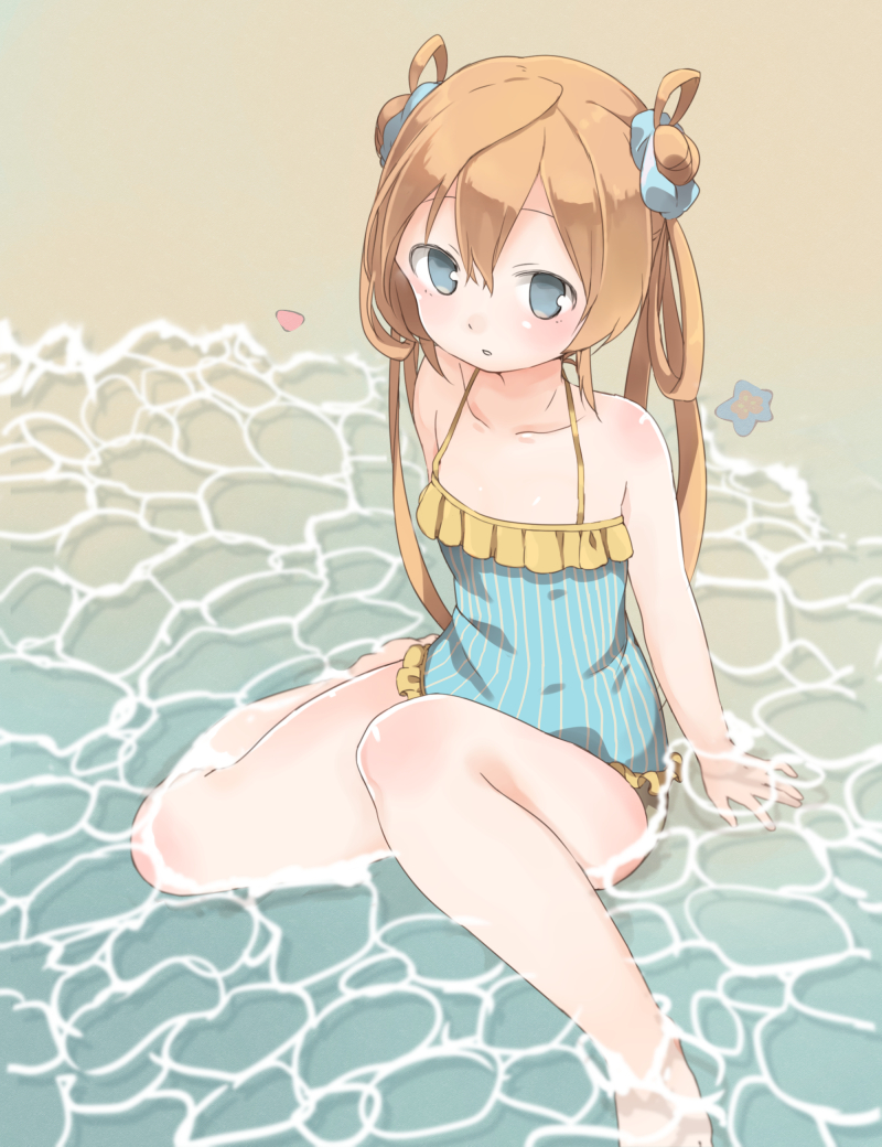 1girl abukuma_(kantai_collection) beach blonde_hair blue_eyes body_blush flat_chest frilled_swimsuit frills hair_rings kantai_collection long_hair looking_at_viewer murakami_meishi one-piece_swimsuit partially_submerged sand sea_star sitting small_breasts solo swimsuit twintails water