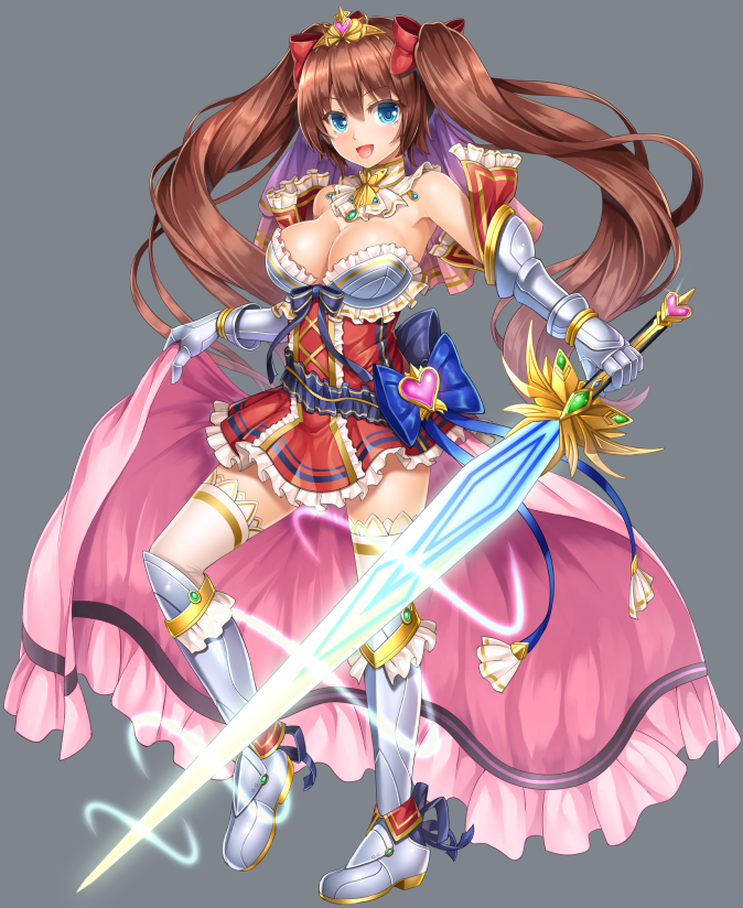 1girl :d armor armored_boots armpits awakening_(sennen_sensou_aigis) bare_shoulders belt bikini bikini_armor bikini_top blue_bow blue_eyes blush boots bow breasts brooch brown_hair cleavage corset cross-laced_clothes detached_collar detached_sleeves emerald eyelashes frilled_bikini frilled_sleeves frills gauntlets gem glowing glowing_sword glowing_weapon grey_background grey_boots hair_bow holding holding_sword holding_weapon jewelry knee_boots kusowarota large_breasts leg_up long_hair long_sword magic one_leg_raised open_mouth outstretched_arm red_bow red_skirt ruby_(stone) sapphire_(stone) sennen_sensou_aigis sherry_(sennen_sensou_aigis) short_sleeves simple_background skirt smile solo standing standing_on_one_leg swimsuit sword tareme tassel thigh-highs tiara twintails veil very_long_hair vortex waist_cape weapon white_legwear zettai_ryouiki