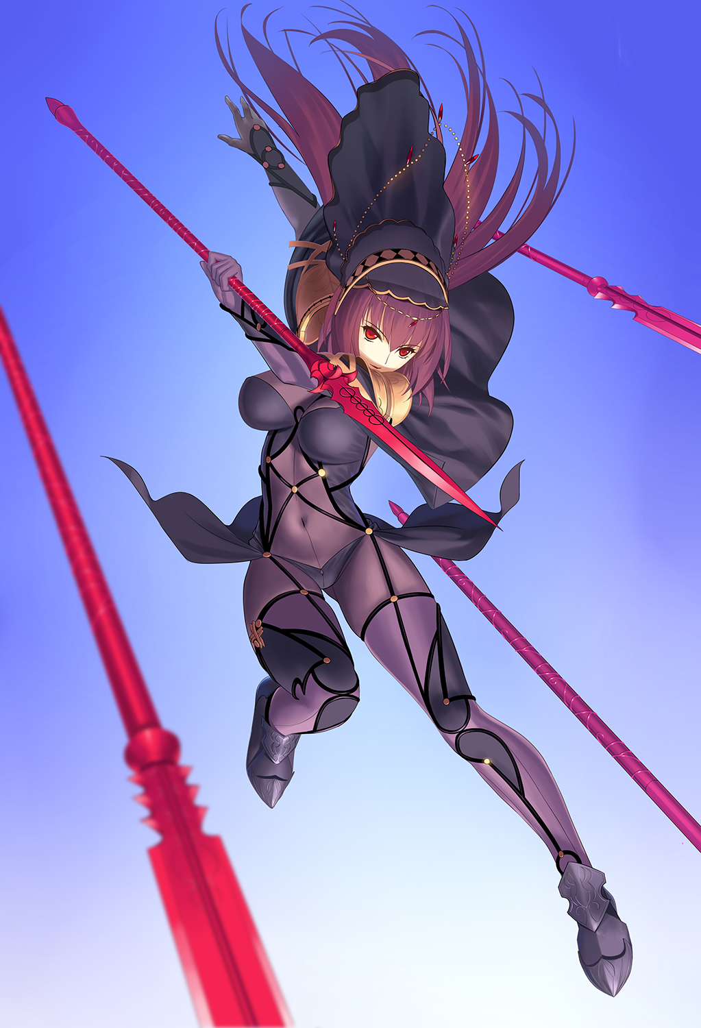 1girl aiming armor armored_boots black_panties blue_background blurry bodysuit boots breasts circlet covered_navel depth_of_field fate/grand_order fate_(series) floating_hair full_body gae_bolg gem gloves gradient gradient_background highres holding holding_weapon landing large_breasts long_hair looking_at_viewer motion_blur outstretched_arm panties pauldrons polearm purple_hair red_eyes scathach_(fate/grand_order) shade solo spear tsukikanade underwear veil very_long_hair weapon