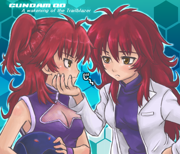 2girls bad_haro breasts cleavage cleavage_cutout copyright_name domoge frown gundam gundam_00 gundam_00_a_wakening_of_the_trailblazer labcoat large_breasts long_hair meena_carmine multiple_girls nena_trinity redhead two_side_up yellow_eyes