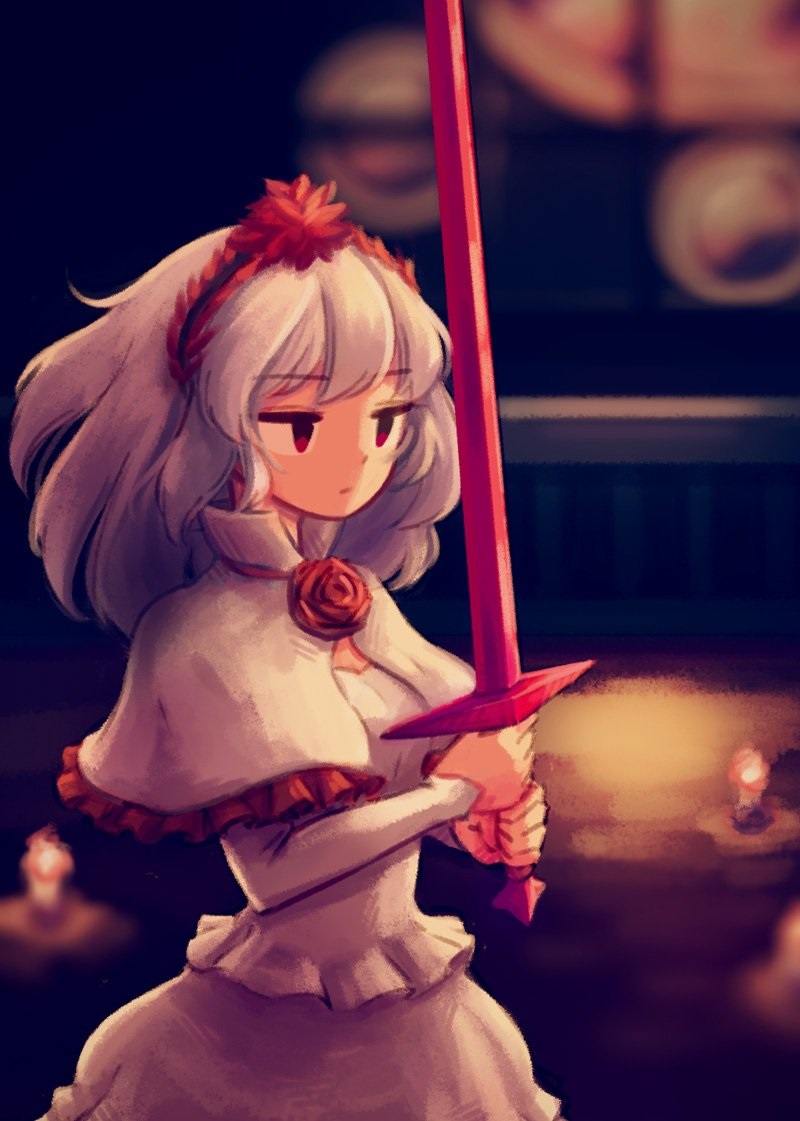 1girl candle dazed dress fennel(momodora) flower hairband makaroll momodora momodora:_reverie_under_the_moonlight red_eyes rose short_sword silver_hair solo stain stained_glass sword weapon white_dress white_skin