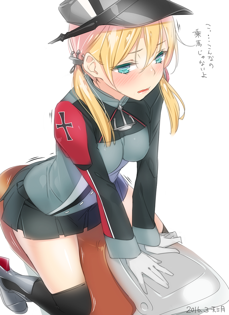 1girl ama_mitsuki blonde_hair blush commentary_request gloves green_eyes hat kantai_collection low_twintails microskirt military military_hat military_uniform peaked_cap prinz_eugen_(kantai_collection) riding_machine skirt solo translated twintails uniform white_gloves