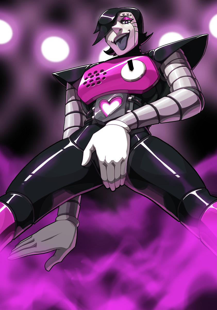 1other androgynous android cowboy_shot crotch_grab from_below hair_over_one_eye highres legs_apart mettaton mettaton-ex robot stage_lights tongue tongue_out undertale yondamoegi