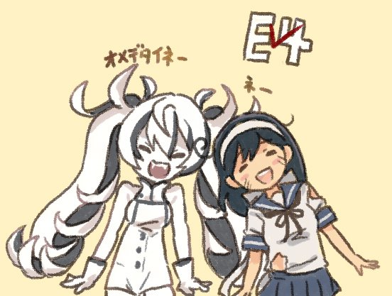 2girls black_hair closed_eyes comic commentary_request escort_water_hime hachimaki headband kantai_collection long_hair multiple_girls open_mouth otoufu pleated_skirt school_uniform serafuku shinkaisei-kan shirt short_sleeves skirt sleeveless smile teeth torn_clothes torn_shirt torn_sleeve translation_request twintails ushio_(kantai_collection) white_hair yellow_background