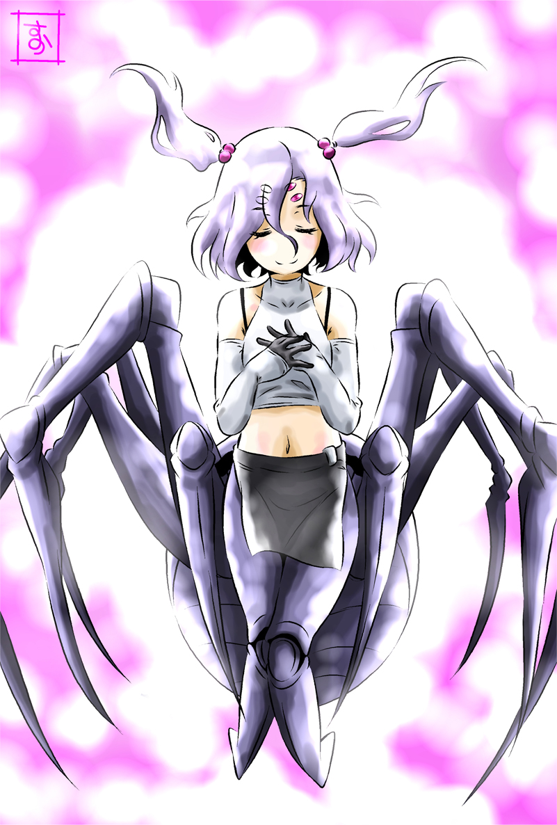 1girl arachne carapace claws closed_eyes detached_sleeves extra_eyes eyes_visible_through_hair full_body hands_on_own_chest insect_girl lavender_hair monster_girl monster_musume_no_iru_nichijou multiple_legs navel pelvic_curtain pink_background rachnera_arachnera s-now signature smile solo spider_girl twintails violet_eyes younger