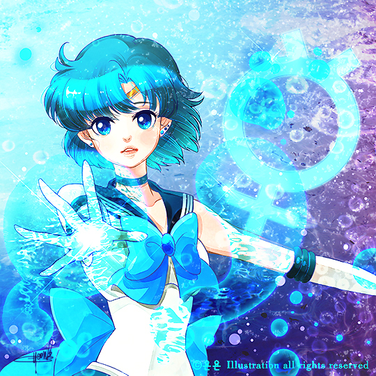 1girl bangs bishoujo_senshi_sailor_moon blue blue_bow blue_eyes blue_hair bow bubble ear_studs earrings elbow_gloves foreshortening gloves jewelry looking_at_viewer mercury_symbol mizuno_ami outstretched_hand parted_bangs parted_lips sailor_mercury short_hair signature solo white_gloves yonyon_(wedding83)