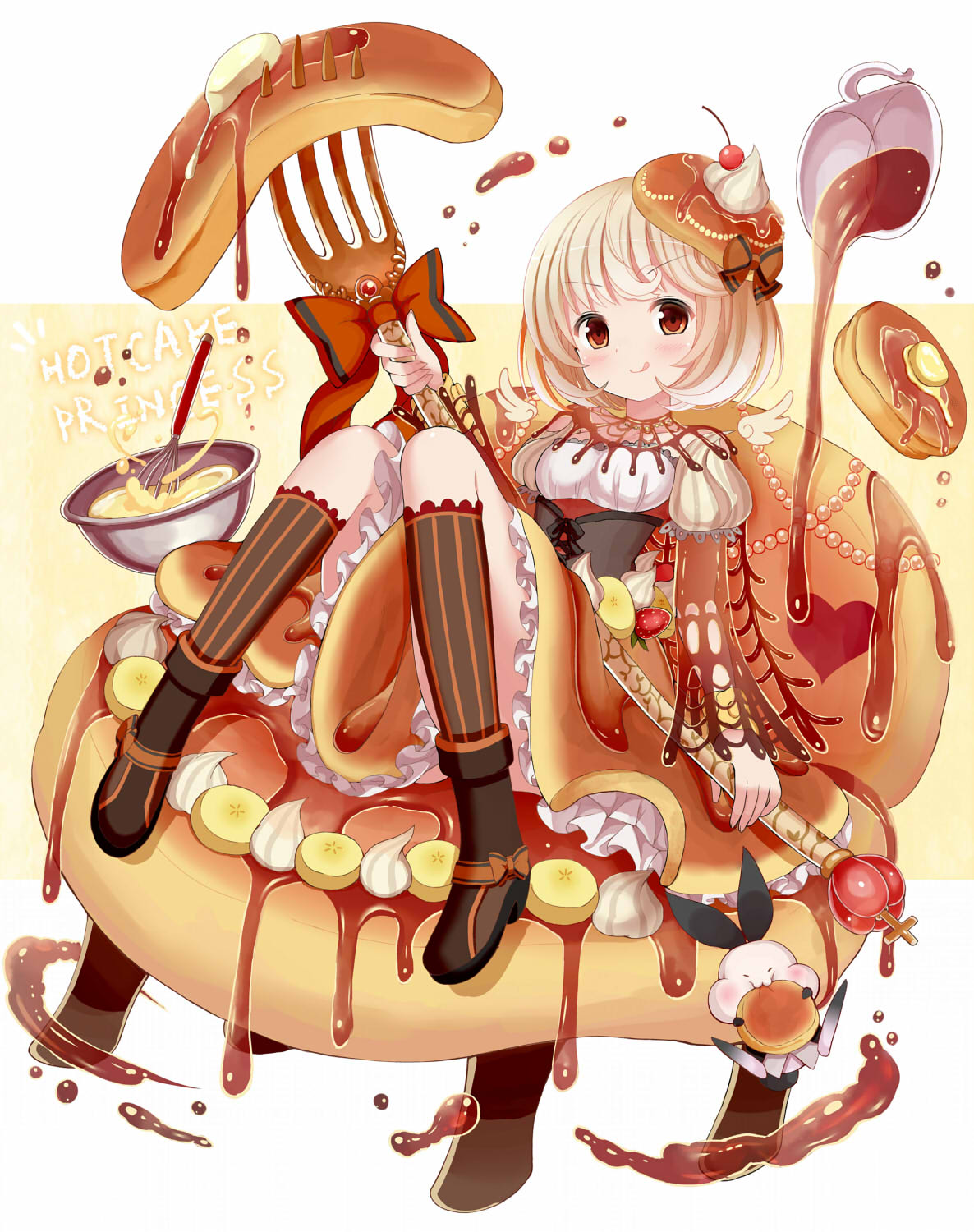 1girl banana_slice blonde_hair bowl brown_eyes cherry commentary_request food food_as_clothes food_themed_clothes fork fruit givuchoko hair_ornament highres juliet_sleeves licking long_sleeves looking_at_viewer maple_syrup mixing_bowl original pancake personification puffy_sleeves revision shirt short_hair sitting skirt smile solo whipped_cream whisk