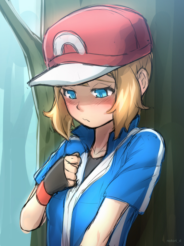 1girl against_tree artist_name baseball_cap blue_eyes blush brown_hair female fingerless_gloves gloves hand_on_own_chest hat notori_d outdoors pokemon pokemon_(anime) satoshi_(pokemon) satoshi_(pokemon)_(cosplay) serena_(pokemon) short_hair solo tree