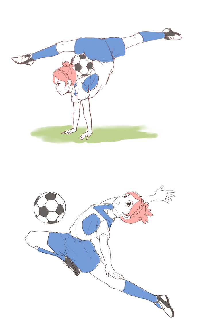 1girl ball braid earth_eleven flat_color gymnastics inazuma_eleven_(series) inazuma_eleven_go inazuma_eleven_go_galaxy limited_palette nozaki_sakura open_mouth pink_hair simple_background soccer_ball soccer_uniform solo sportswear t_(toddy_t) telstar white_background
