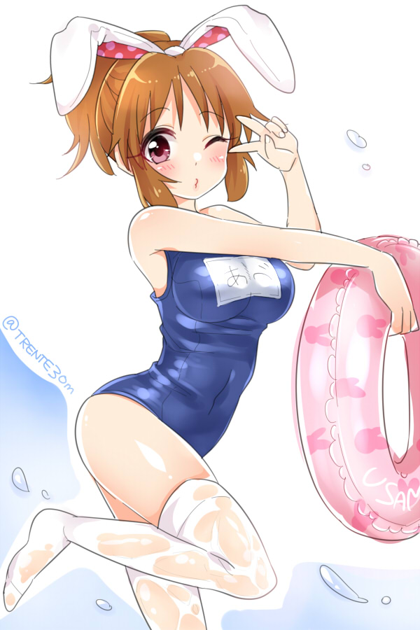1girl ;3 abe_nana animal_ears blush breasts brown_hair covered_navel fake_animal_ears idolmaster idolmaster_cinderella_girls looking_at_viewer mio_(mgr300) one_eye_closed pink_eyes ponytail rabbit_ears school_swimsuit short_hair smile solo swimsuit thigh-highs twitter_username v wet wet_clothes wet_thighhighs white_legwear