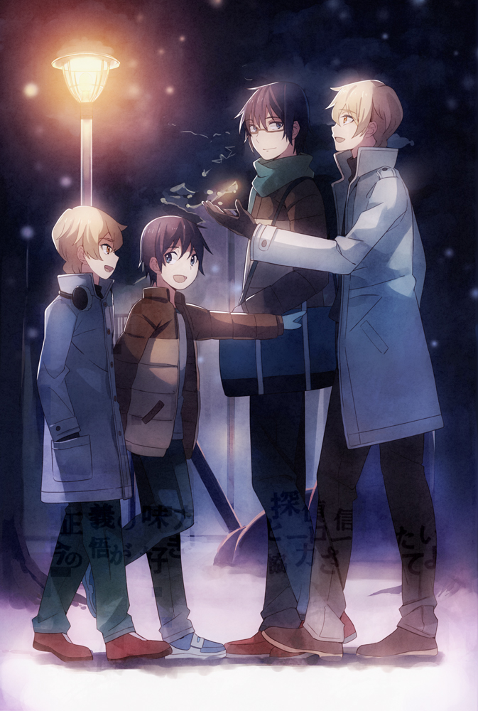 4boys :d age_difference black_hair blonde_hair blue_eyes boku_dake_ga_inai_machi brown_eyes child coat commentary dual_persona earmuffs fujinuma_satoru full_body glasses hand_in_pocket height_difference kobayashi_kenya lamp lantern light lights long_sleeves male_focus multiple_boys open_mouth outdoors playground pointing scarf short_hair smile snowing takerusilt translation_request walking winter winter_clothes winter_coat younger