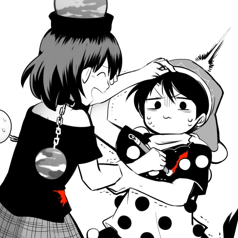 /\/\/\ 2girls :3 chain collar doremy_sweet earth_(ornament) hand_on_another's_head hat hecatia_lapislazuli monochrome moon_(ornament) multiple_girls nightcap off-shoulder_shirt paintbrush polos_crown pom_pom_(clothes) red shirt short_hair short_sleeves simple_background sisikuku smile spot_color struggling sweat touhou trembling turn_pale white_background