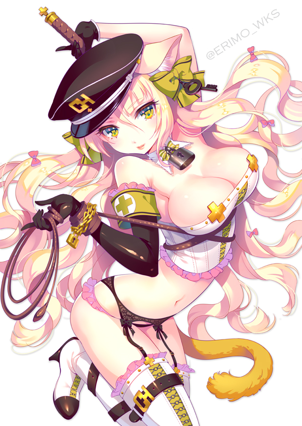 1girl animal_ears armband bell bell_choker black_gloves blonde_hair blush boots breasts choker cleavage commentary_request corset detached_collar elbow_gloves garter_belt gloves hair_ribbon hat large_breasts long_hair looking_at_viewer mismatched_gloves navel nishimura_eri original peaked_cap ribbon smile solo thigh-highs thigh_boots very_long_hair wavy_hair whip yellow_eyes