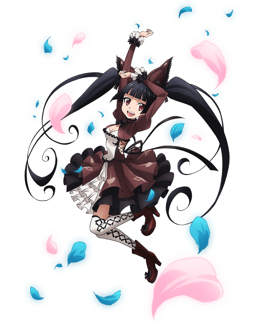 1girl :d april_fools arms_up bangs black_hair blunt_bangs boots dress frilled_dress frills gate_-_jieitai_ka_no_chi_nite_kaku_tatakaeri high_heel_boots high_heels juliet_sleeves layered_dress long_hair long_sleeves looking_at_viewer magical_girl open_mouth petals puffy_sleeves red_eyes rory_mercury simple_background smile solo thigh-highs transparent_background twintails