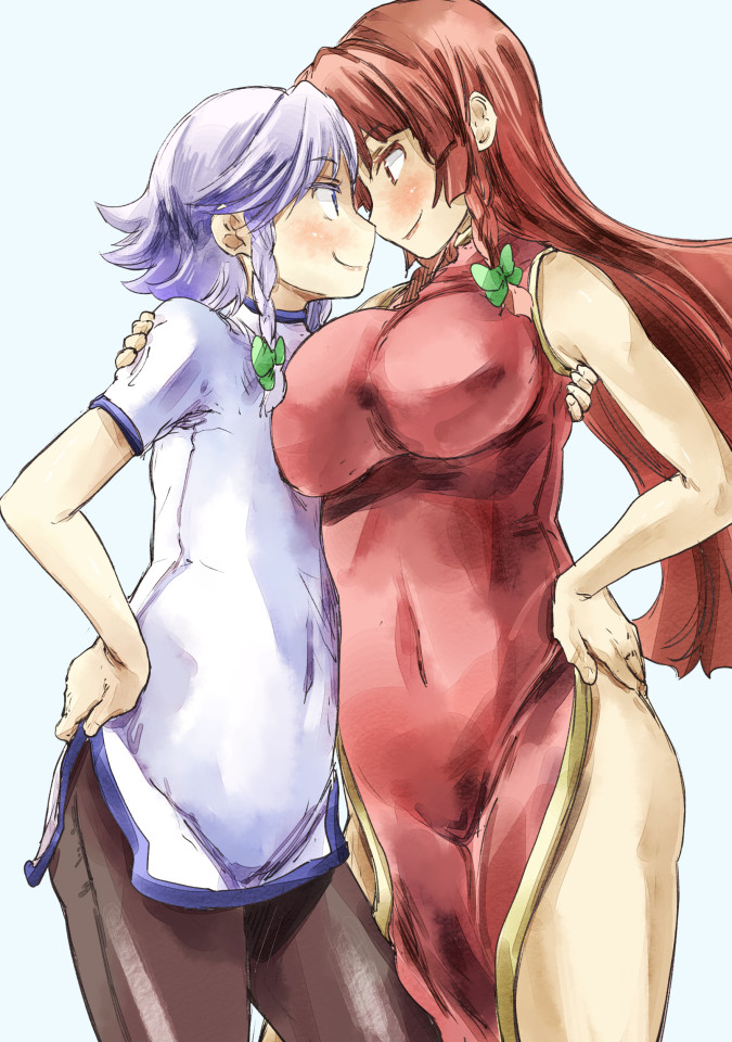 2girls arm_around_shoulder asymmetrical_docking blush braid breast_press breasts china_dress chinese_clothes dress eyebrows flat_chest hair_ribbon hand_on_hip hong_meiling impossible_clothes impossible_dress izayoi_sakuya large_breasts long_hair multiple_girls no_hat no_headwear pantyhose ribbon short_hair smile touhou twin_braids yohane yuri