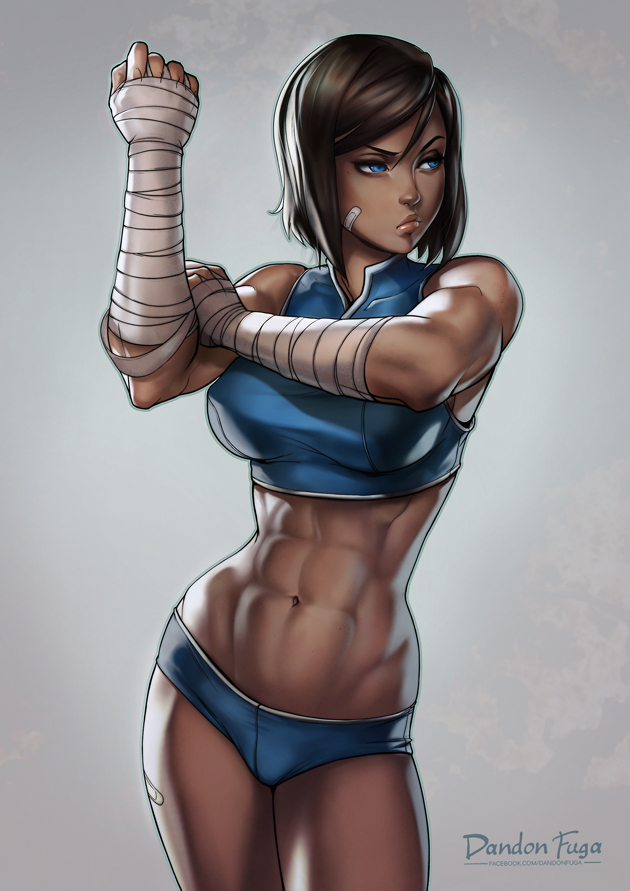 1girl abs avatar:_the_last_airbender bandaged_arm bandages bandaid bandaid_on_face bare_shoulders breasts buruma clenched_hand closed_mouth collar contrapposto cowboy_shot crop_top dandon_fuga hair_between_eyes hand_on_own_arm holding_arm korra large_breasts looking_afar looking_to_the_side midriff muscle muscular_female navel serious solo sportswear standing stomach the_legend_of_korra toned watermark web_address