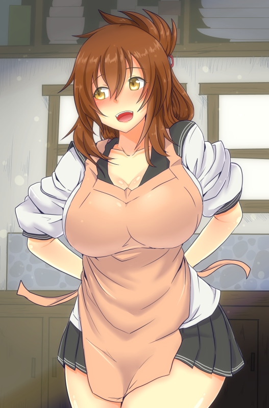 1girl :d apron arms_behind_back bangs black_skirt blouse blush breasts brown_eyes brown_hair cabinet collarbone cowboy_shot curvy dishes folded_ponytail hair_between_eyes i_b_b_e inazuma_(kantai_collection) indoors kantai_collection kitchen large_breasts long_hair looking_away looking_to_the_side miniskirt older open_mouth pleated_skirt school_uniform serafuku skirt sleeves_rolled_up smile solo thick_thighs thighs white_blouse wide_hips yellow_eyes