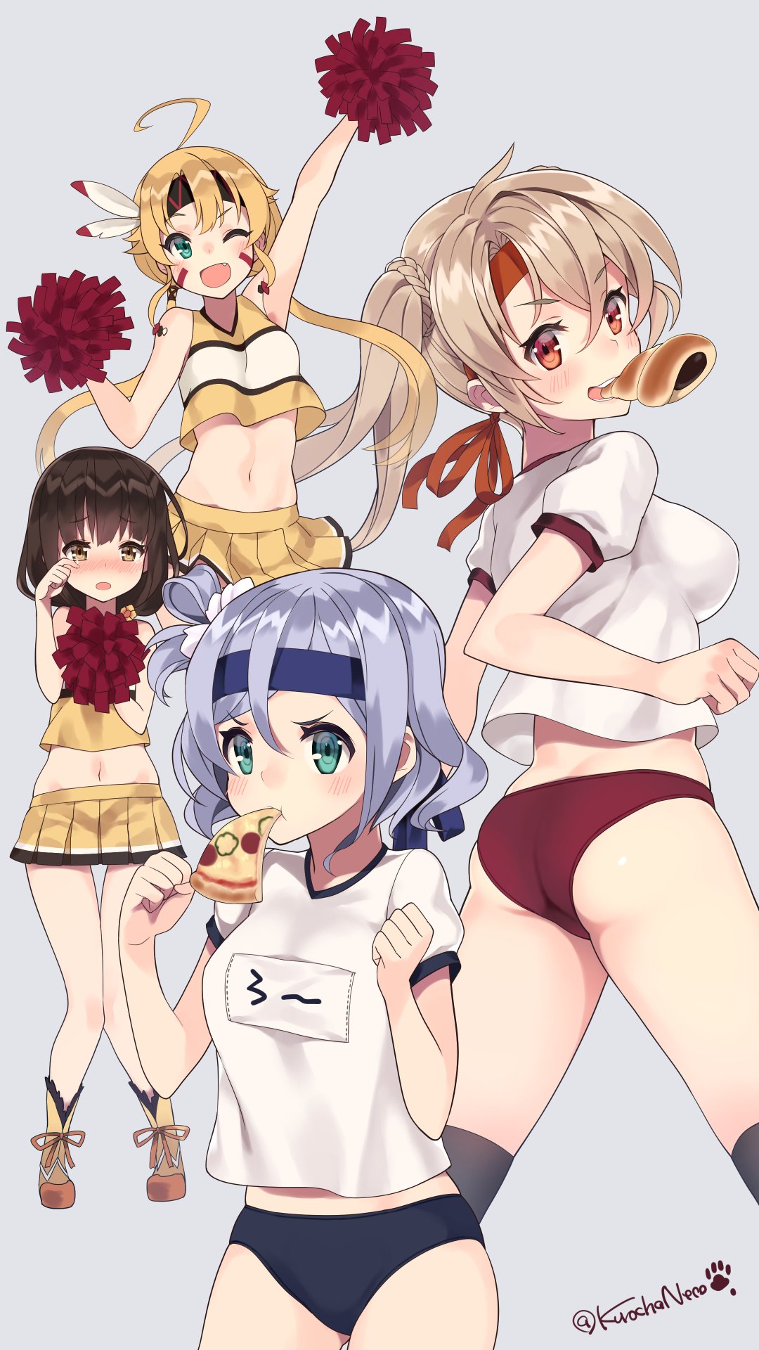 &gt;:t 4girls :t ;d ahoge aqua_eyes arm_up armpits ass back bare_shoulders black_hair blonde_hair blue_buruma blue_hair blush bread_eating_race breasts brown_eyes buruma cheerleader chocolate_cornet clenched_hands eating fang feathers flower_knight_girl food food_in_mouth food_request gaillardia_(flower_knight_girl) green_eyes gym_uniform hair_between_eyes hair_ornament headband helenium_(flower_knight_girl) highres jacket jumping kinrenka_(flower_knight_girl) kneehighs knees_together_feet_apart kuro_chairo_no_neko large_breasts laurentia_(flower_knight_girl) light_brown_hair long_hair looking_at_viewer looking_back low_twintails midriff miniskirt mouth_hold multiple_girls name_tag navel one_eye_closed open_mouth pizza pom_poms red_buruma red_eyes shoes short_hair short_sleeves simple_background skirt sleeveless slice_of_pizza smile sneakers tongue tongue_out track_jacket twintails twitter_username yellow_skirt