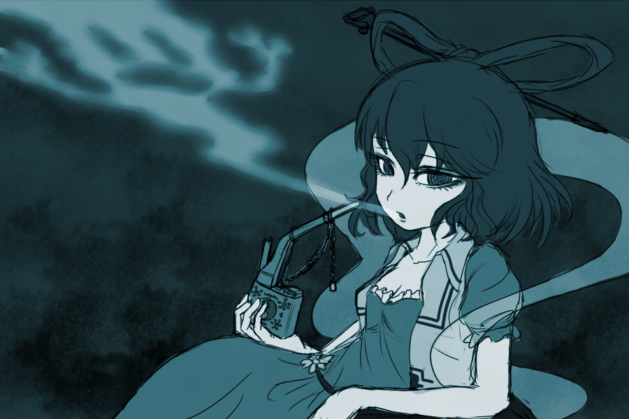 1girl al_bhed_eyes belt blue_eyes blue_hair clouds elbow_rest ghost hagoromo hair_ornament hair_rings hair_stick hips holding_pipe kaku_seiga looking_at_viewer lying miata_(pixiv) monochrome object_request on_side pipe shawl smoke smoking smoking_pipe solo touhou yin_yang