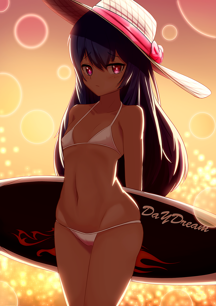 1girl arms_behind_back backlighting bare_shoulders behind_back bikini black_hair blush closed_mouth collarbone cowboy_shot dark daydream_(zhdkffk21) expressionless eyebrows eyebrows_visible_through_hair flat_chest groin hair_between_eyes halter_top halterneck hat highres holding long_hair looking_at_viewer midriff navel ocean original skindentation solo standing stomach sun_hat sunlight sunset surfboard swimsuit text very_long_hair violet_eyes water white_bikini white_hat