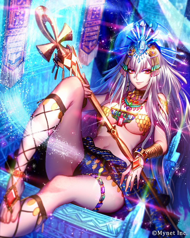1girl ankle_lace-up barefoot barefoot_sandals bracelet breasts cleavage cross-laced_footwear earrings fishnet_legwear fishnets gem headwear jewelry kazari_tayu long_hair navel necklace official_art red_eyes sitting smile solo staff toe_ring white_hair