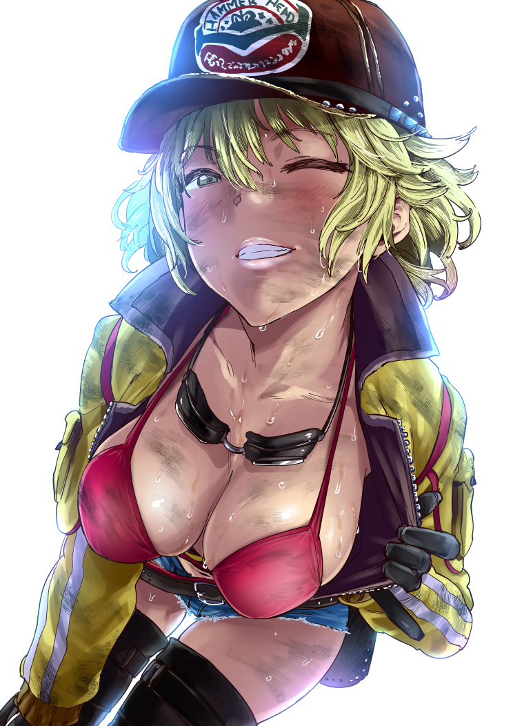 1girl baseball_cap black_gloves blonde_hair breasts cidney_(final_fantasy) cleavage commentary_request cropped_jacket denim denim_shorts dirty_face final_fantasy final_fantasy_xv gloves goggles goggles_around_neck green_eyes hat hot large_breasts leaning_forward lips navel one_eye_closed pija_(pianiishimo) short_hair shorts smile solo sweat sweating thigh-highs wet