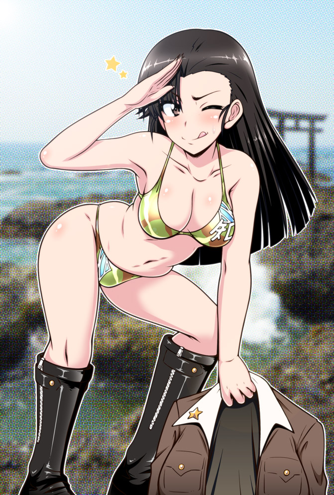 1girl :p a-teru_haito bikini black_boots black_hair boots breasts brown_eyes brown_jacket camouflage camouflage_bikini clothes_removed emblem girls_und_panzer holding jacket jacket_removed leaning_forward long_hair long_sleeves military military_uniform nishi_kinuyo one_eye_closed print_bikini salute solo standing swimsuit tongue tongue_out uniform