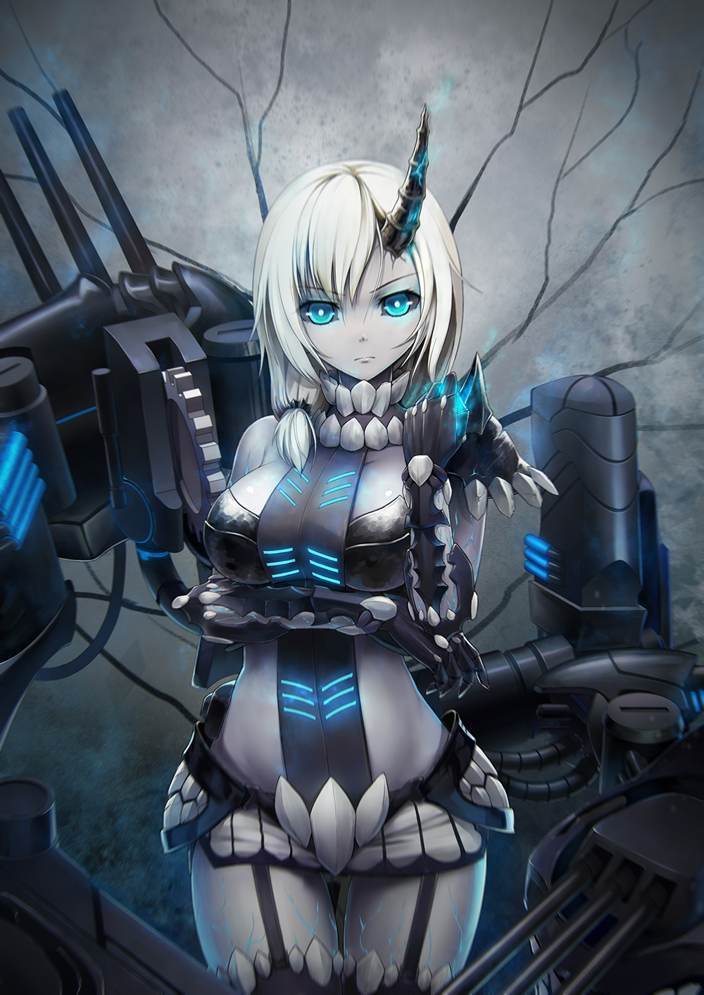 1girl against_wall asymmetrical_bangs asymmetrical_clothes bangs bare_shoulders belt black_gloves black_legwear black_sclera blue_eyes breastplate breasts cannon capsule clenched_hand closed_mouth collar cowboy_shot crevice dark_persona elbow_gloves expressionless garter_straps gears gloves hair_over_shoulder highres horn large_breasts looking_at_viewer low_ponytail machinery midriff miniskirt revealing_clothes shinkaisei-kan short_hair shoulder_pads silver_hair skirt solo thigh-highs turret white_skirt xiaoyin_li zhan_jian_shao_nyu