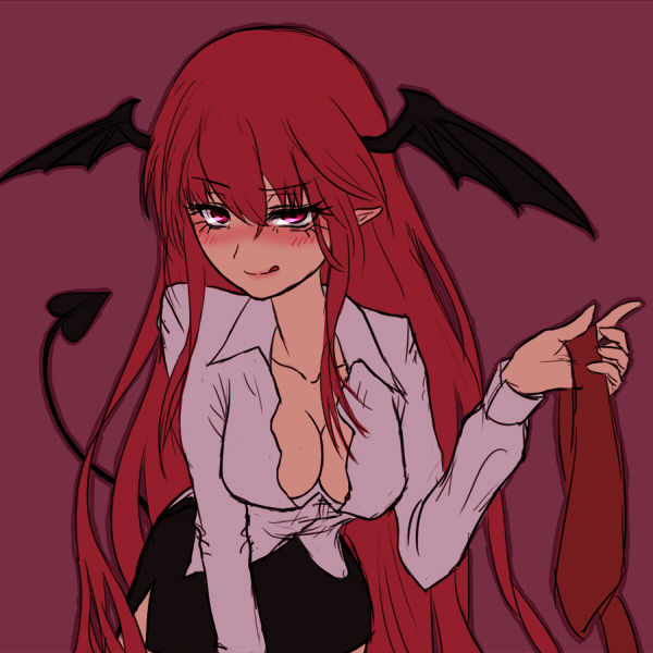 1girl arm_support black_skirt blush breasts cleavage collarbone come_hither demon_tail dress_shirt eyelashes head_wings koakuma leaning_forward licking_lips lips long_hair looking_at_viewer miata_(pixiv) miniskirt necktie necktie_removed open_clothes open_shirt pointy_ears redhead shirt simple_background skirt solo tail tongue tongue_out touhou very_long_hair violet_eyes