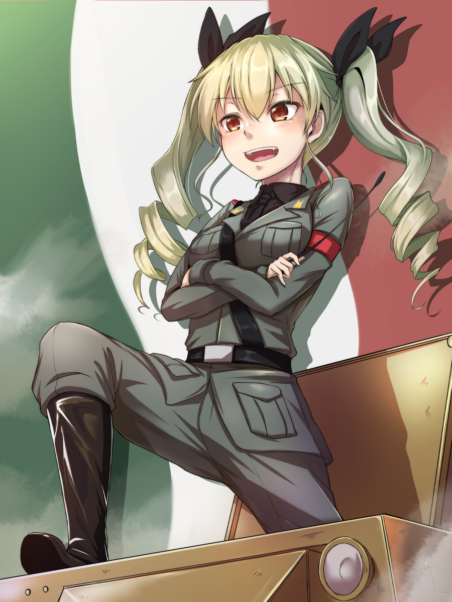 1girl anchovy belt black_boots black_shirt boots commentary_request dress_shirt drill_hair flag_background girls_und_panzer green_hair grey_jacket grey_pants hair_ribbon highres hiruno italian_flag knee_boots leg_up long_hair long_sleeves military military_uniform necktie open_mouth pants red_eyes ribbon riding_crop shirt shoulder_belt smile solo standing twin_drills twintails uniform vehicle