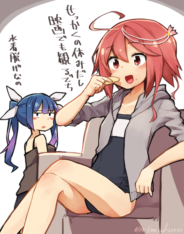 2girls :o ahoge alternate_costume bare_legs bare_shoulders blue_hair blush_stickers breasts camisole chips crossed_legs eating food food_on_face hair_ornament hair_ribbon i-19_(kantai_collection) i-58_(kantai_collection) jacket kantai_collection long_hair long_sleeves looking_back multiple_girls open_mouth pink_hair red_eyes ribbon rimukoro school_swimsuit short_hair sitting sleeveless smile swimsuit swimsuit_under_clothes translated tri_tails twintails twitter_username